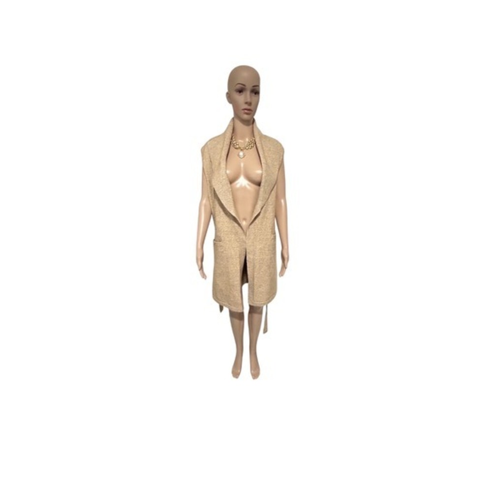 Chico's Womens Tan Knit Longline Belted Sweater Vest Sleeveless Cardigan Pockets
